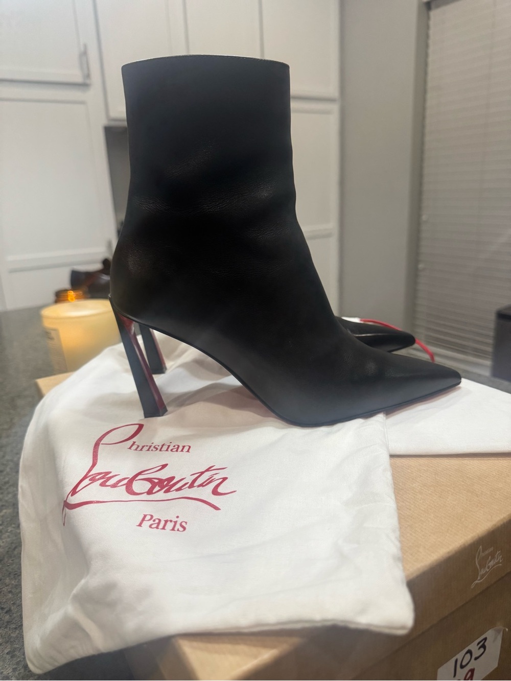 Christian Louboutin Black Leather Pointed Sock Ankle Boots with Red Soles